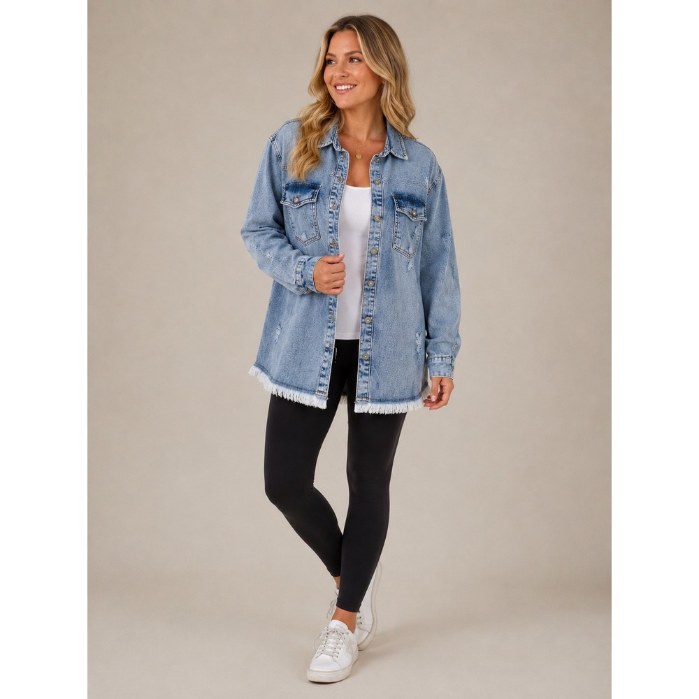 Anthropologie Pilcro Distressed Chambray Shirt Jacket Acid Wash Fringe Hem M